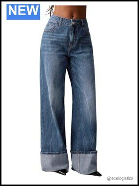 Wide Leg Low Rise Y2K Denim Jeans Women Cuffed Baggy Streetwear